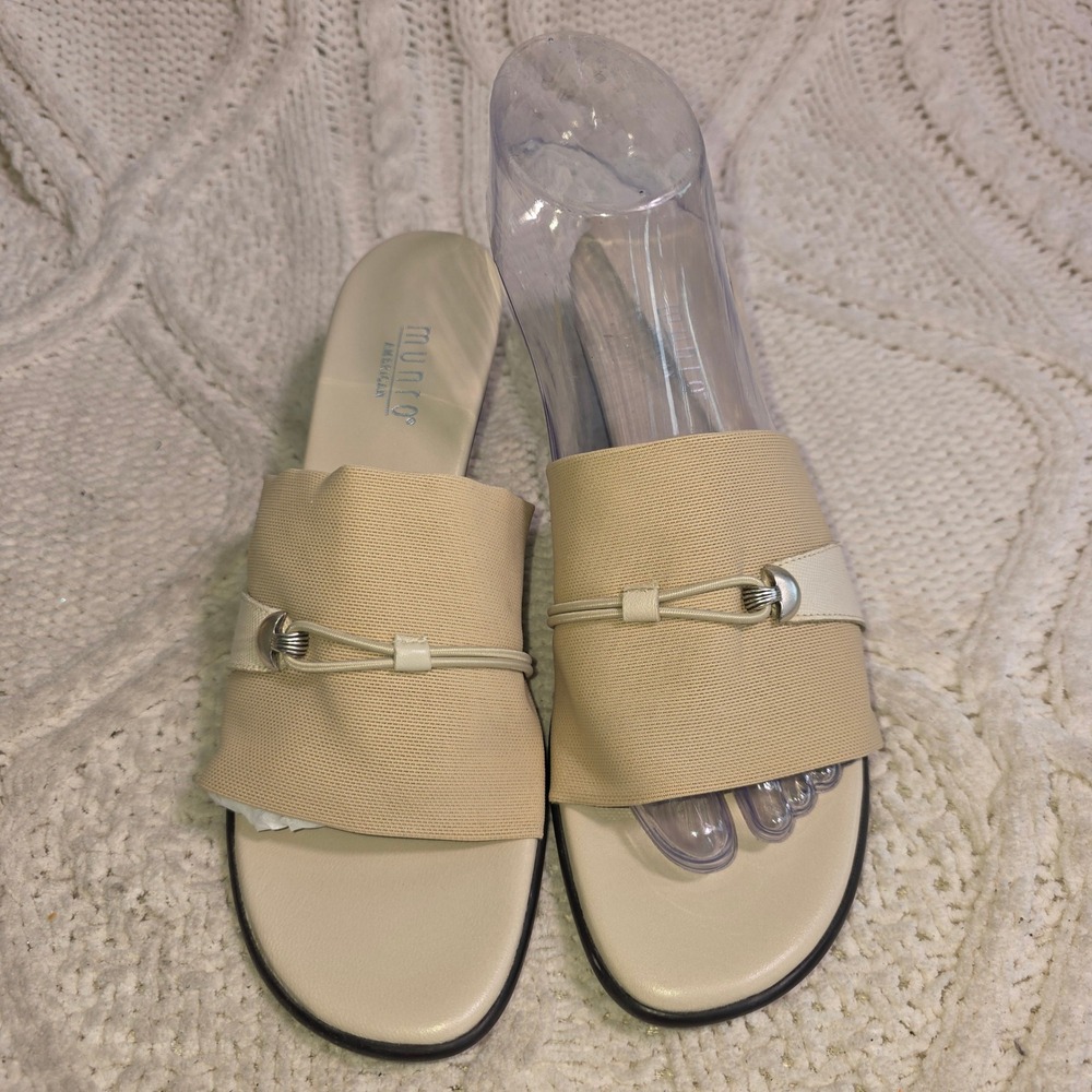 Munro American Slide Sandals Beige Stretch Micro Heel Silver Accent Womens 8 N - Picture 2 of 6